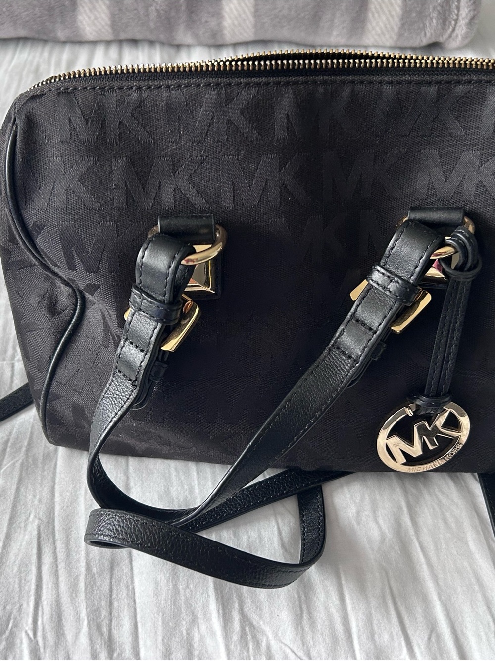 Michael Kors Black MK Logo Satchel with Gold Hardware